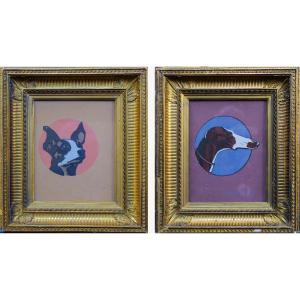 Portraits Of Dogs, Pair Of Modernist Gouaches -