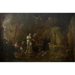 Grande Éc. flamande vers 1700 "Tentation de St Antoine" disciple de David Téniers (81 X 55 cm)