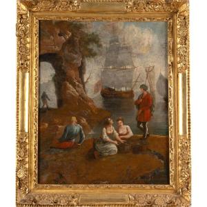École française XVIIIe - Retour de pêche (82 X 69 cm) - Cadre bois sculpté doré XVIIIe