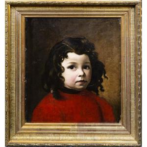 Portrait de fillette en rouge – signé et daté 1897 - "Louisette V ans" - huile/toile 37 X 43 cm