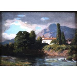 Jean Achard (1807-1884) Ferme au bord de l’Isère au pied de la Chartreuse - 28 X 20,5 cm