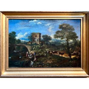 Landscape With Washerwomen, Italian School, Late 17th Century (36 X 54 Cm)
