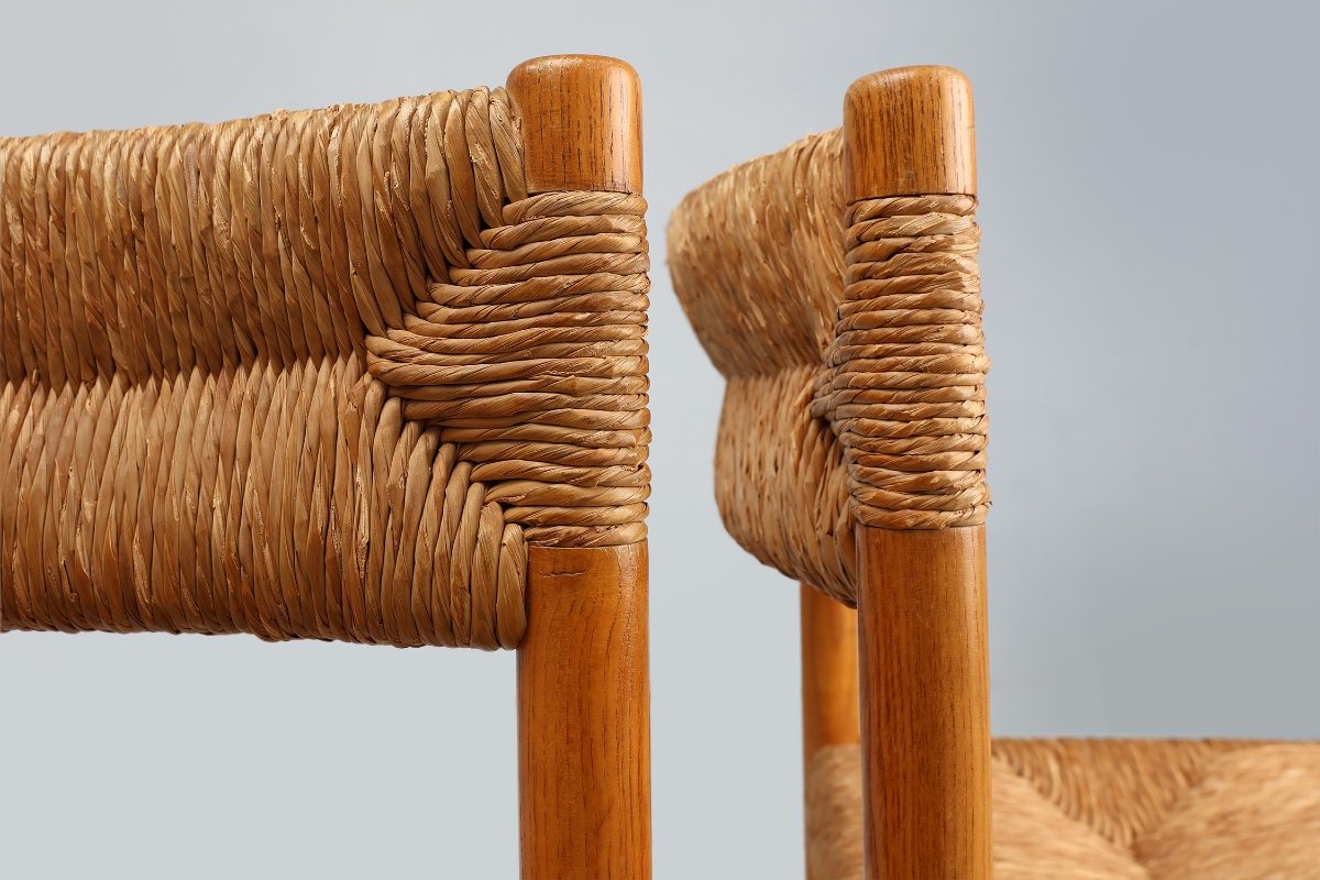 Paire De Chaises En Paille De Dordogne Par Robert Sentou Et Charlotte Perriand, Années 196-photo-2