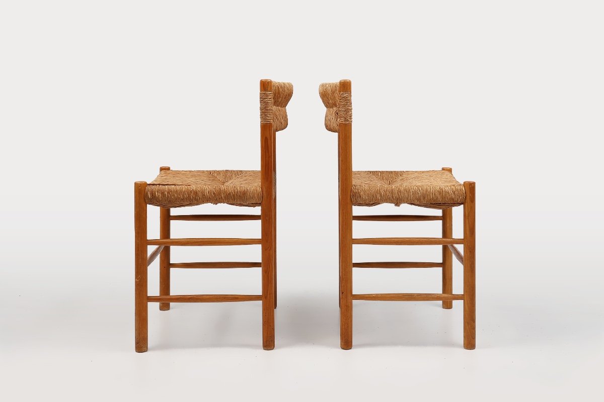 Paire De Chaises En Paille De Dordogne Par Robert Sentou Et Charlotte Perriand, Années 196-photo-1