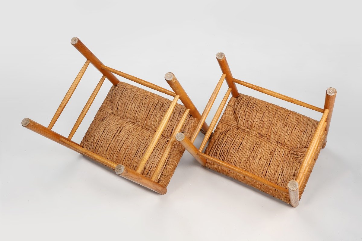 Paire De Chaises En Paille De Dordogne Par Robert Sentou Et Charlotte Perriand, Années 196-photo-7