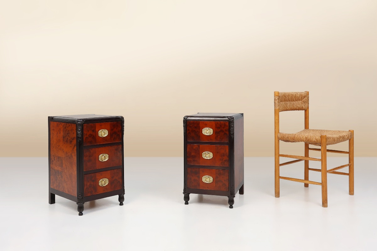 Pair Of Art Deco Nightstands In Burl Veneer, Oak And Copper, France Ca. 1910-photo-1