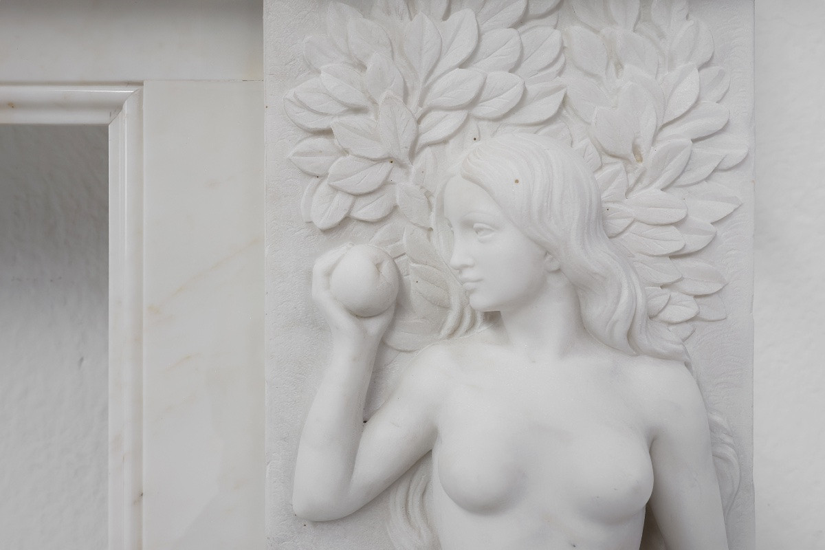 French Carrara Marble Fireplace With Adam And Eve Decor-photo-3