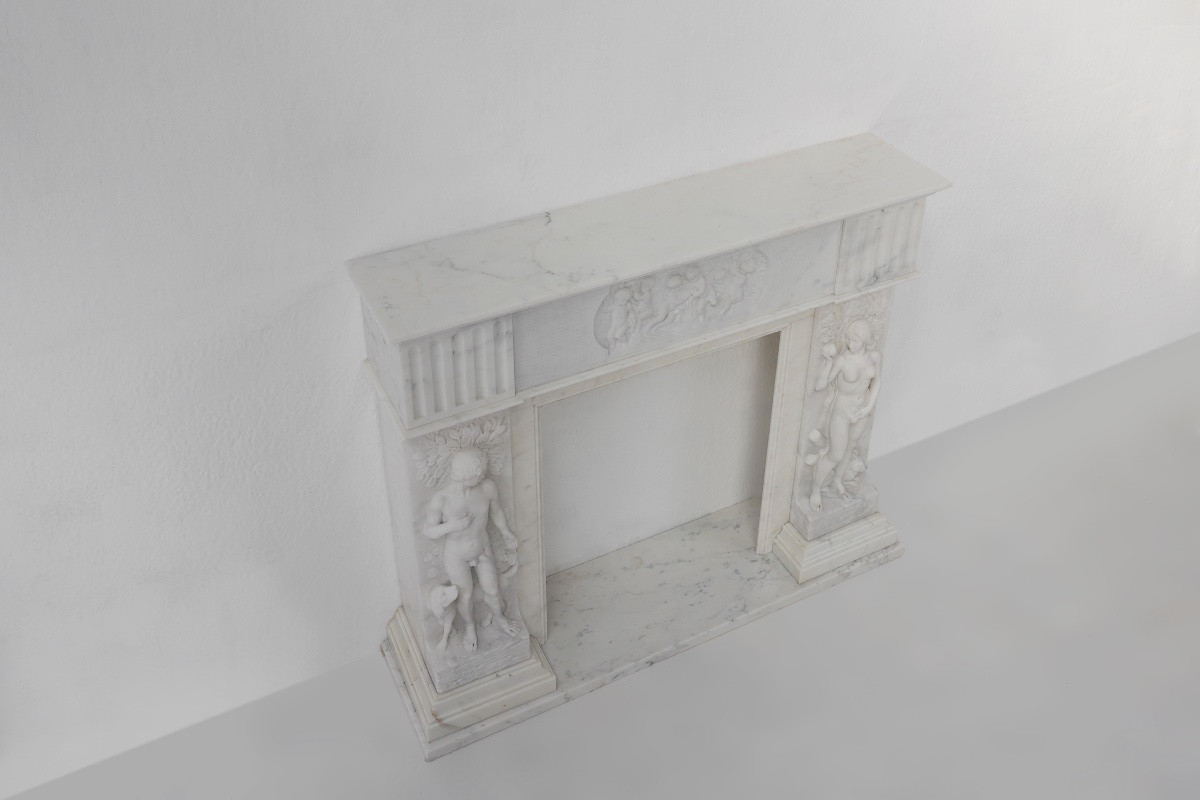 French Carrara Marble Fireplace With Adam And Eve Decor-photo-3