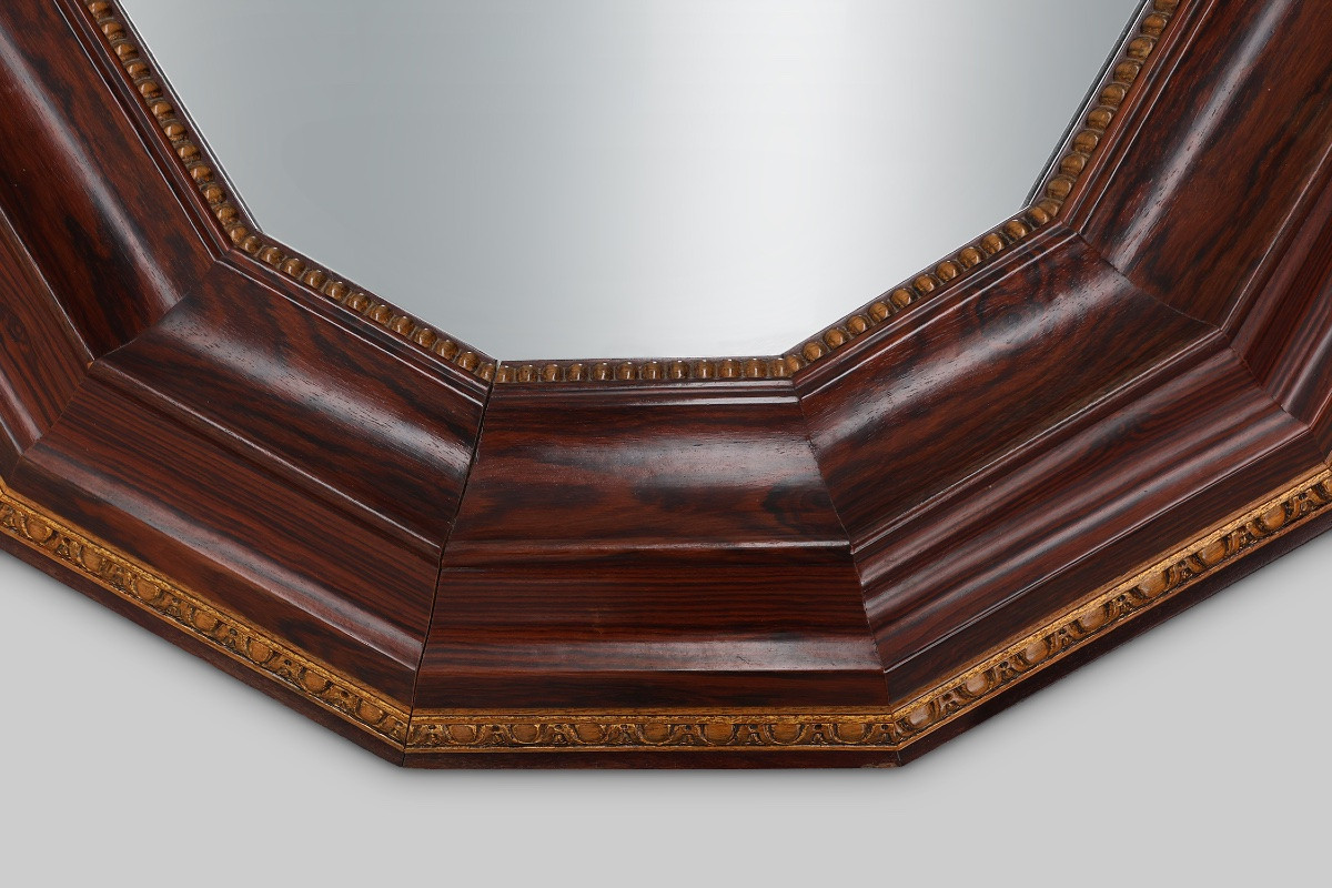 Large Octagonal Art Deco Wall Mirror In Solid Wood, Belgium Circa 1925-photo-2