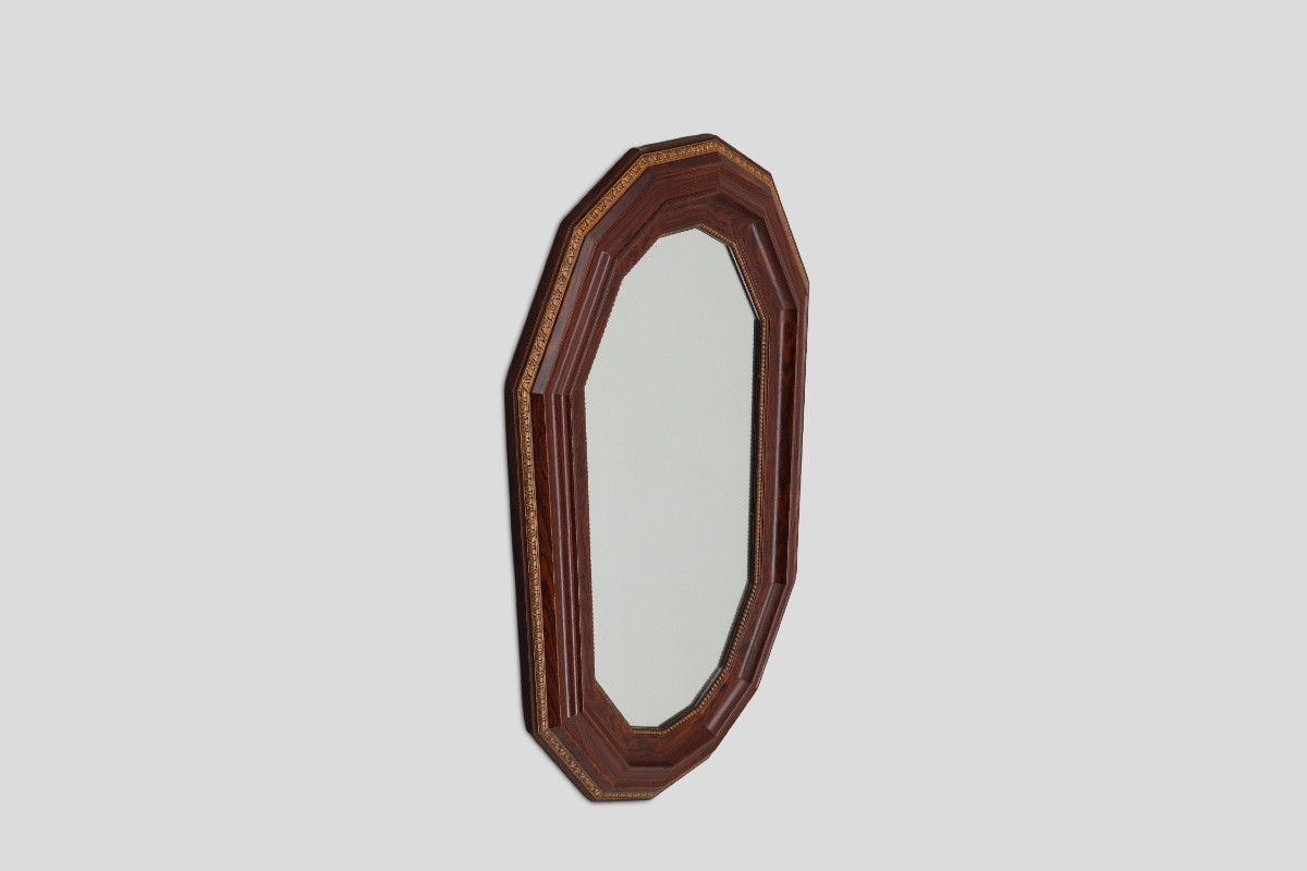 Large Octagonal Art Deco Wall Mirror In Solid Wood, Belgium Circa 1925-photo-2