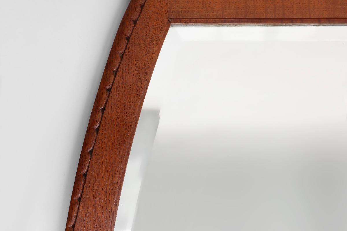 Rare miroir de cheminée Art Nouveau en chêne par Geo Vervanck avec miroir à facettes, anné-photo-4