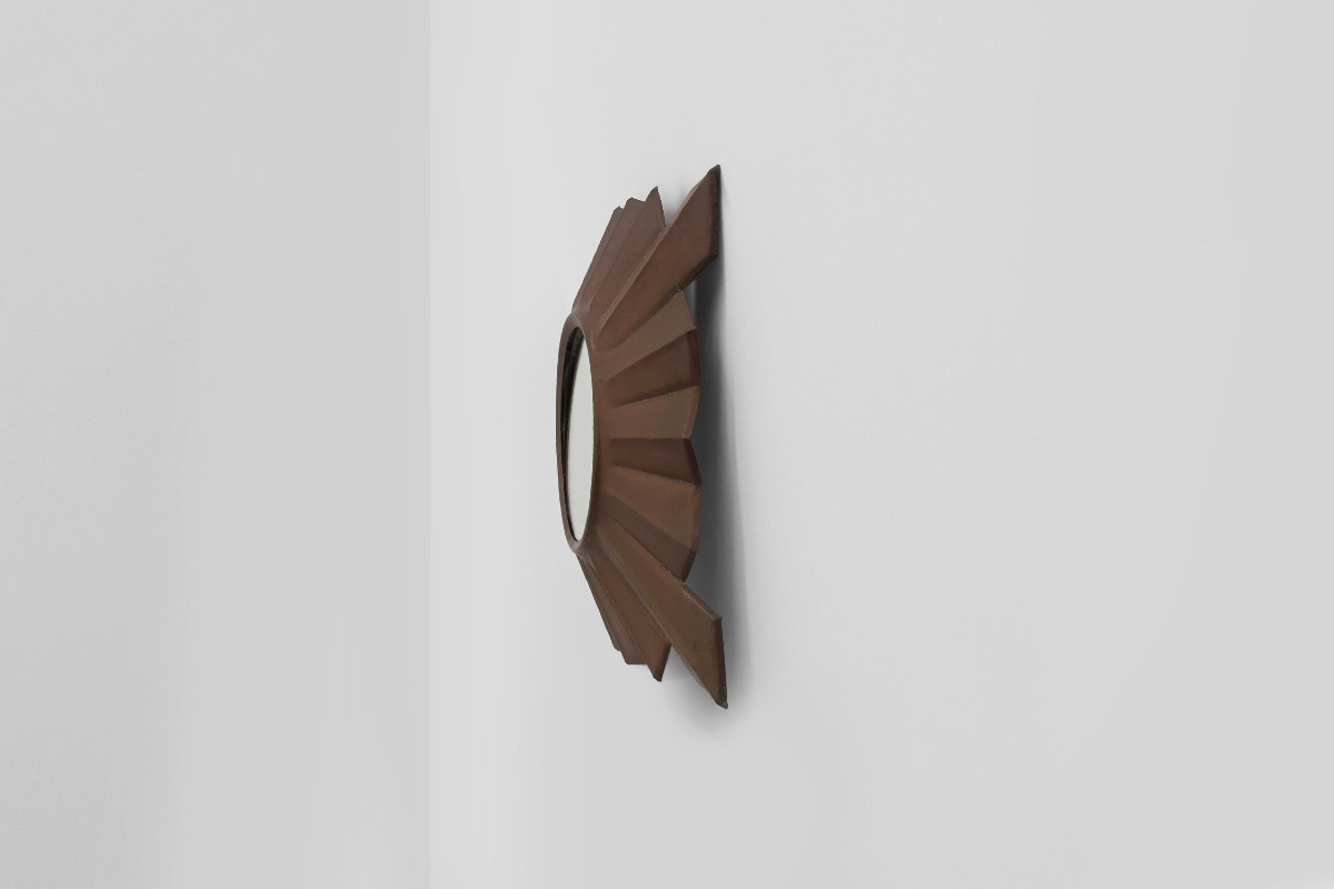      Art Deco Sunburst Mirror In Red Copper, France 1920s-photo-4