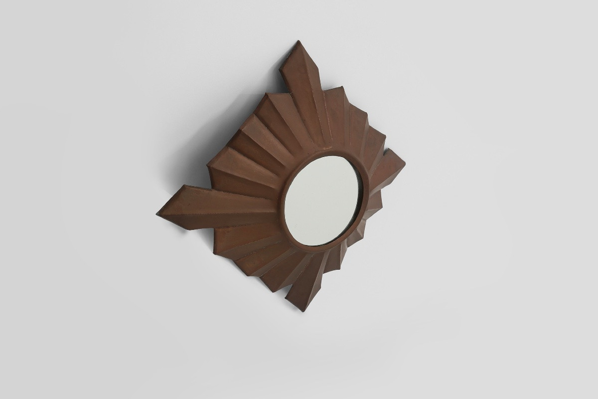      Art Deco Sunburst Mirror In Red Copper, France 1920s-photo-1