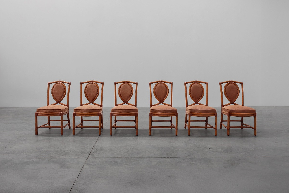 Ensemble de 6 chaises de salle à manger en bambou avec revêtement géométrique par Gasparucci-photo-4