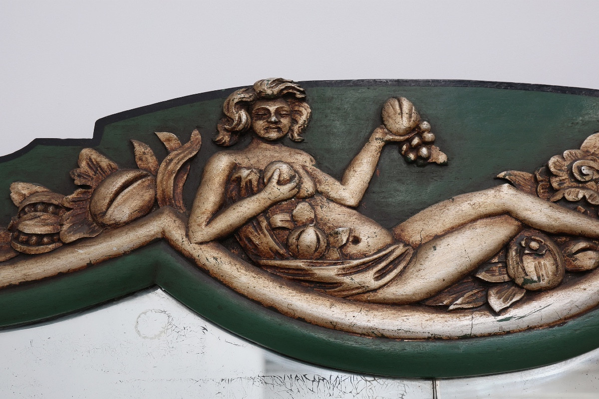 Miroir Art Déco français en bois sculpté vert, années 1930-photo-3