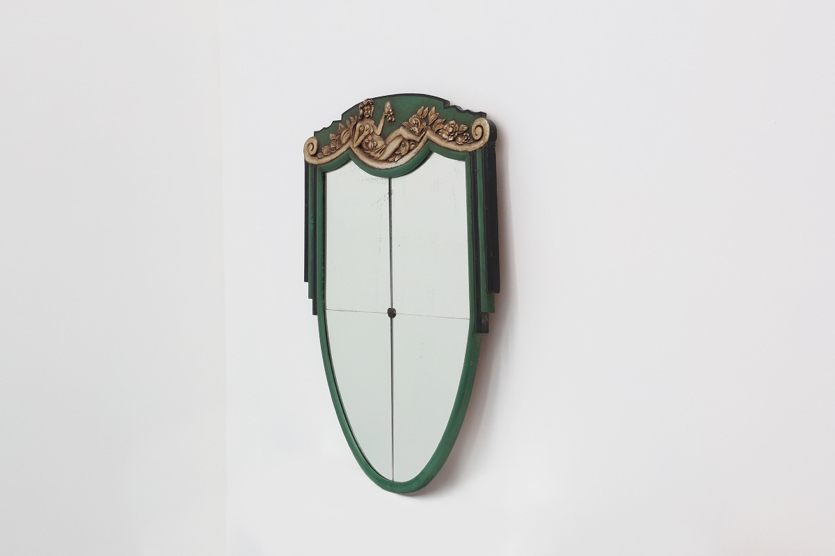 Miroir Art Déco français en bois sculpté vert, années 1930-photo-4