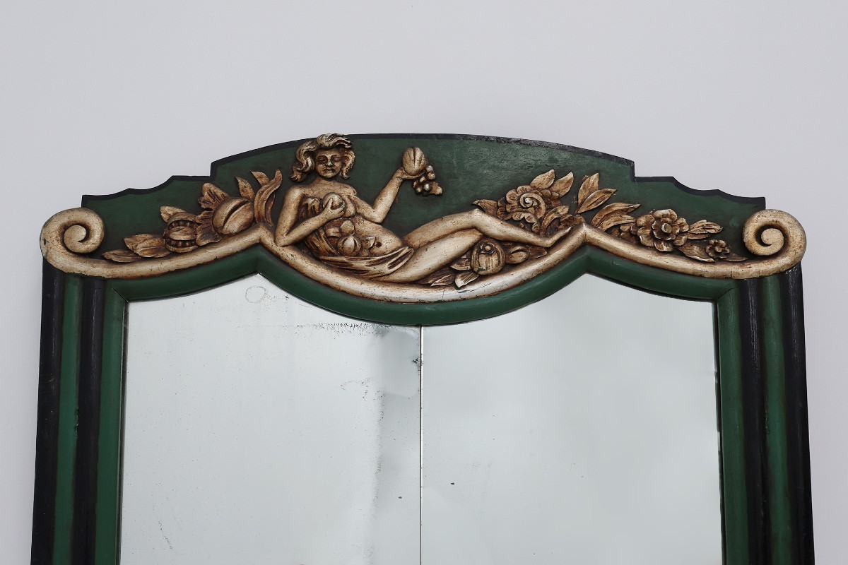 Miroir Art Déco français en bois sculpté vert, années 1930-photo-1