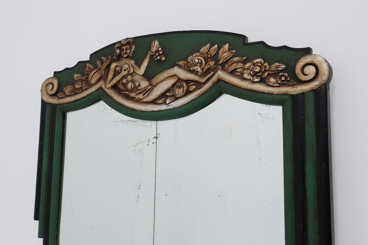 Miroir Art Déco français en bois sculpté vert, années 1930-photo-4