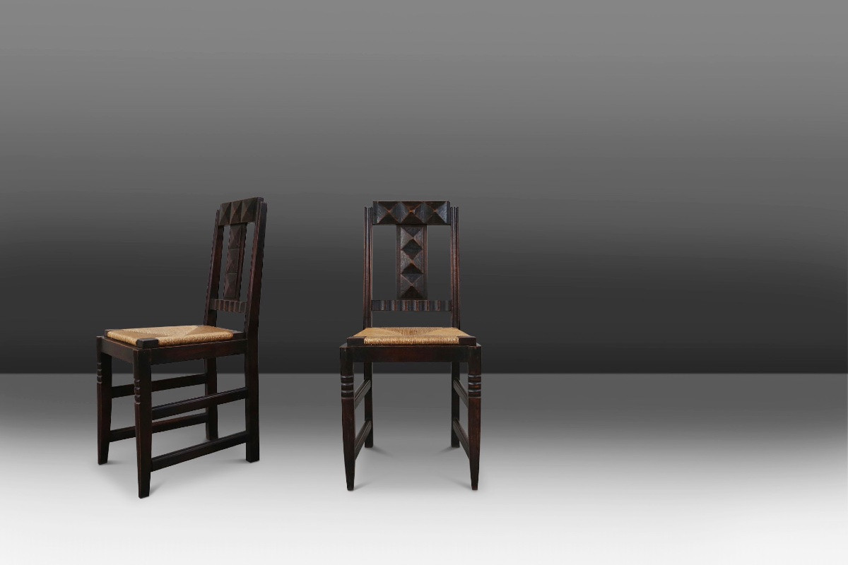 Vintage Oak And Wicker Dining Chairs By Victor Coutray, Set Of 6-photo-2