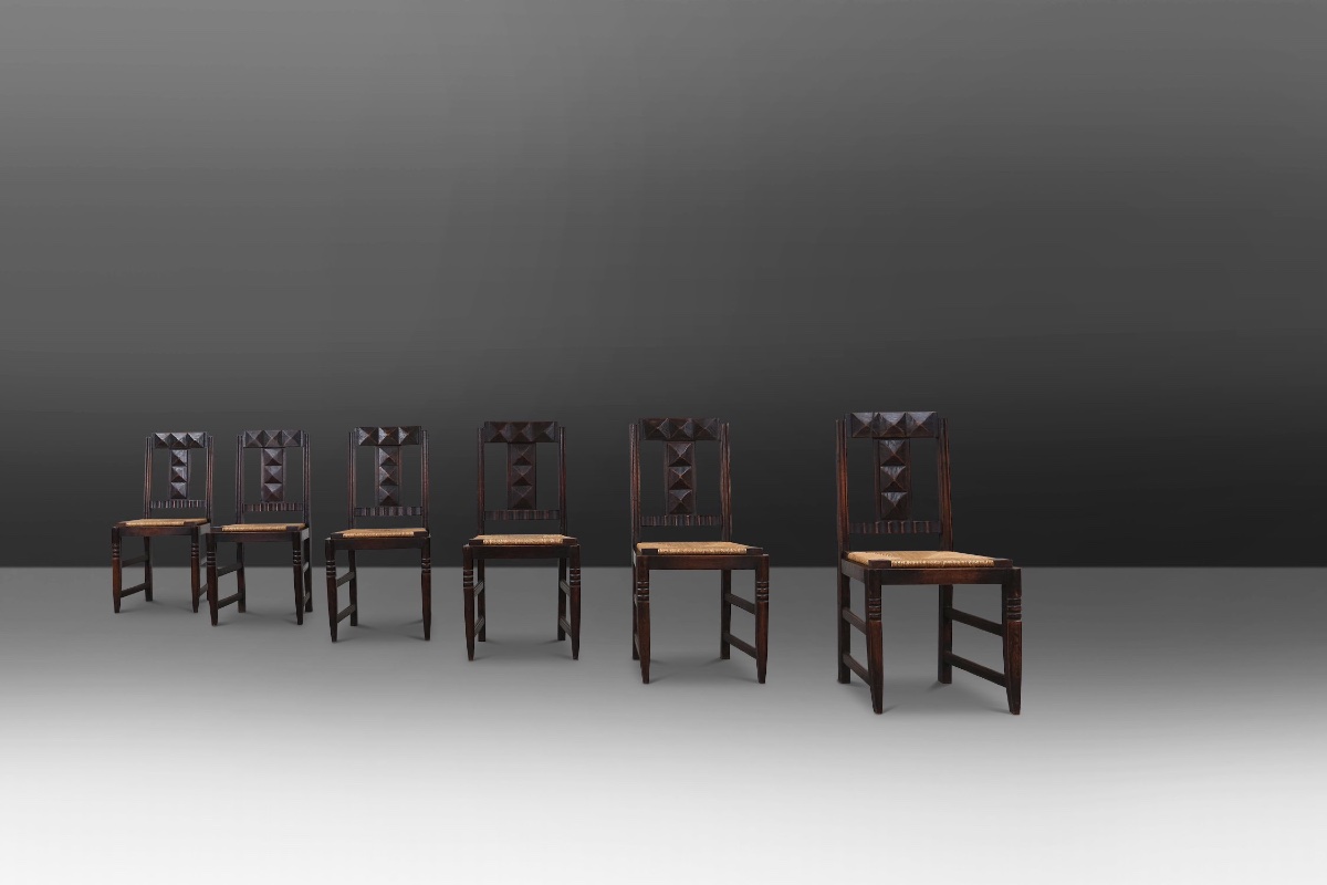 Vintage Oak And Wicker Dining Chairs By Victor Coutray, Set Of 6-photo-2
