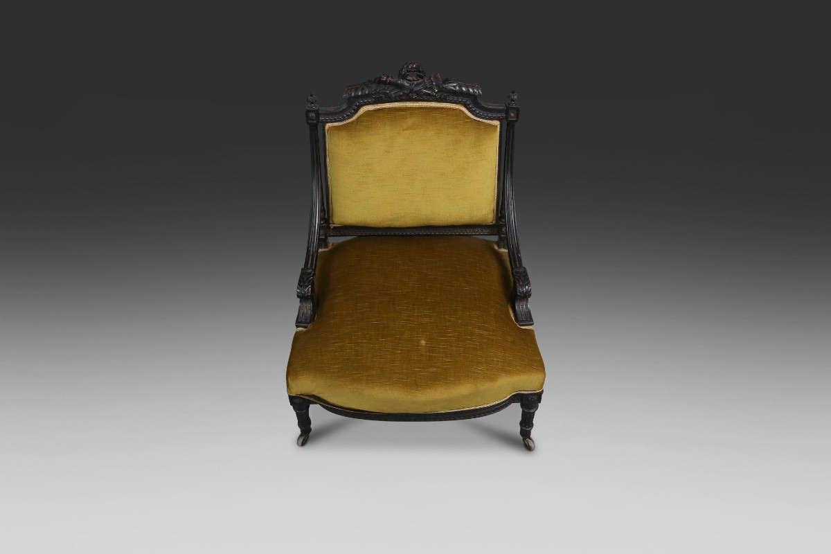      French Empire Style Black Wood And Velvet Armchair, 1850s-photo-1