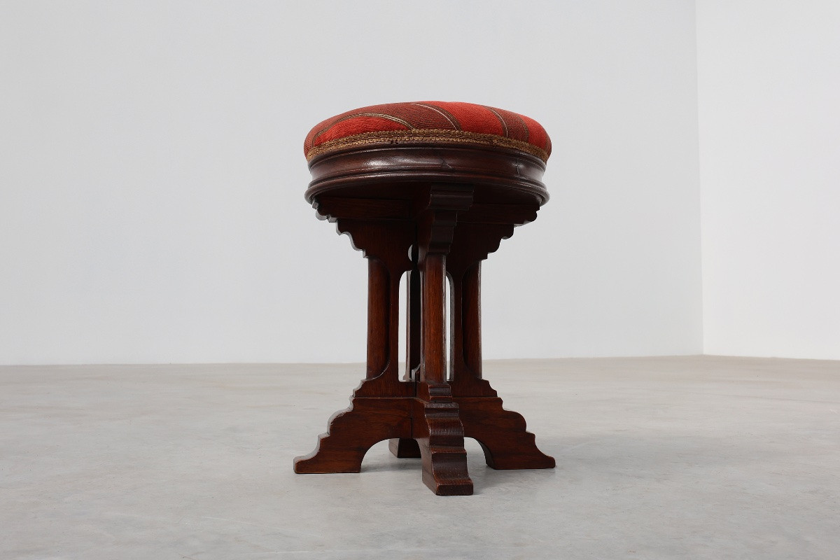 Néo-Gothique en chêne tabouret de velours rouge, la sellerie, la France de 1850-photo-6