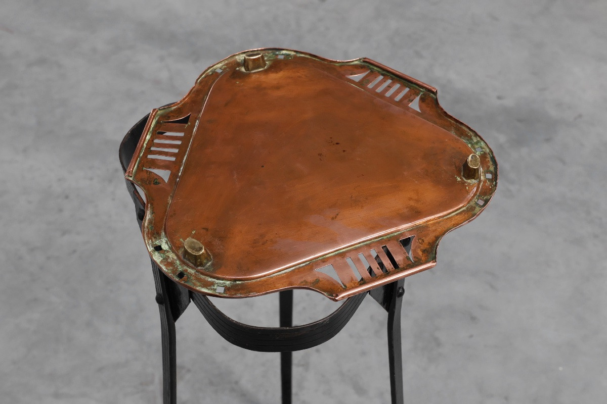 Console Art Nouveau en métal avec plaque de cuivre dans le style de Bovy-photo-8