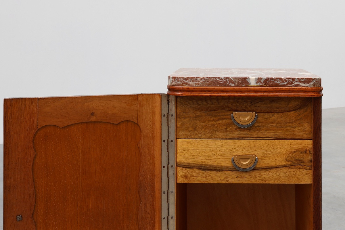 Pair Of Art Deco Oak Bedside Tables With Marble Tops, France Circa 1925-photo-3