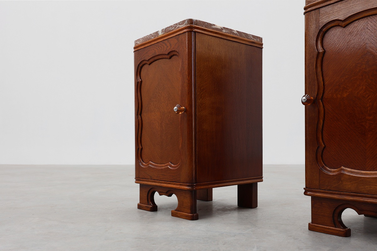 Pair Of Art Deco Oak Bedside Tables With Marble Tops, France Circa 1925-photo-4