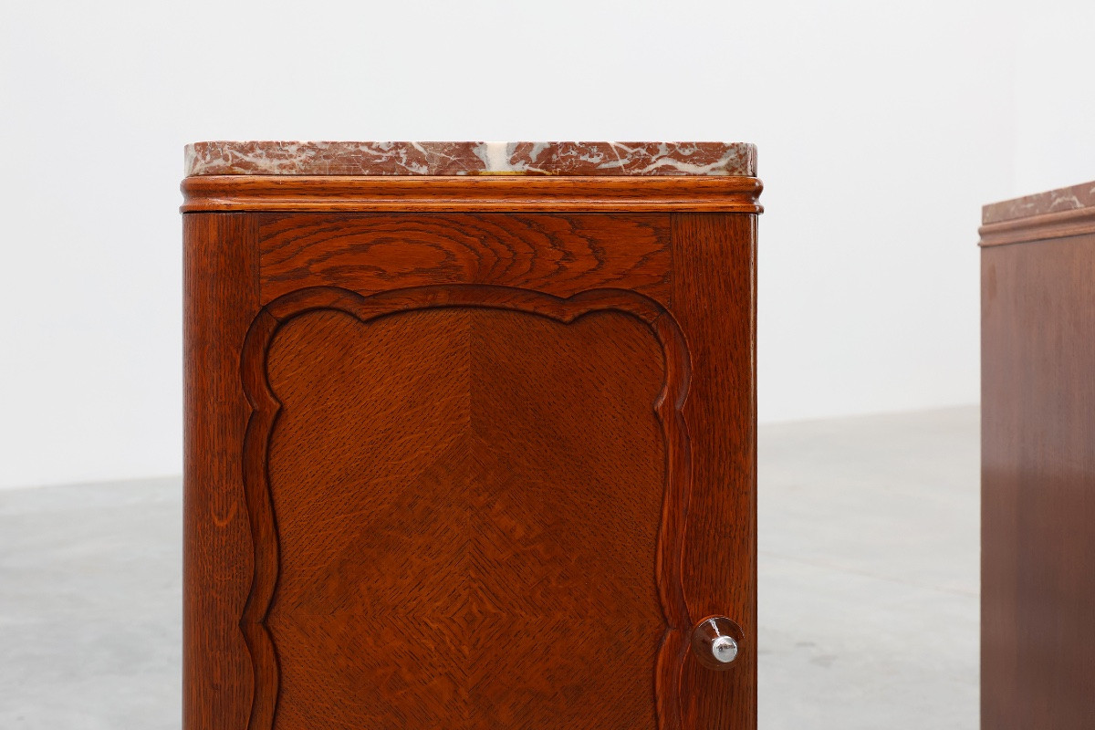 Pair Of Art Deco Oak Bedside Tables With Marble Tops, France Circa 1925-photo-6