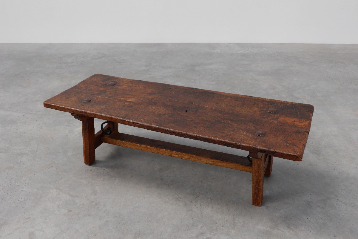 17th Century Spanish Brutalist Coffee Table In Wood And Wrought Iron-photo-2