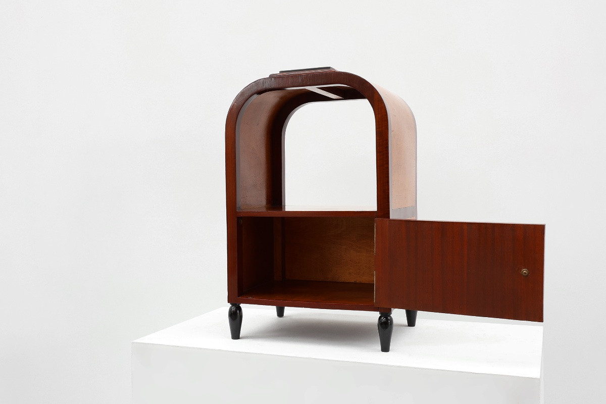 Table d'appoint Art Déco cintrée avec rangement et plateau en marbre noir, France années 1920-photo-3