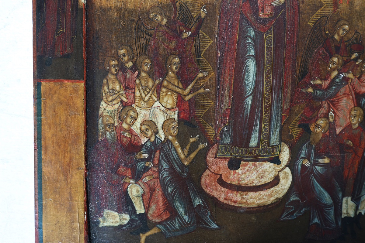 Icône religieuse traditionnelle en chêne du XIXe siècle, Mère de Dieu, Joie de tous les affligé-photo-3