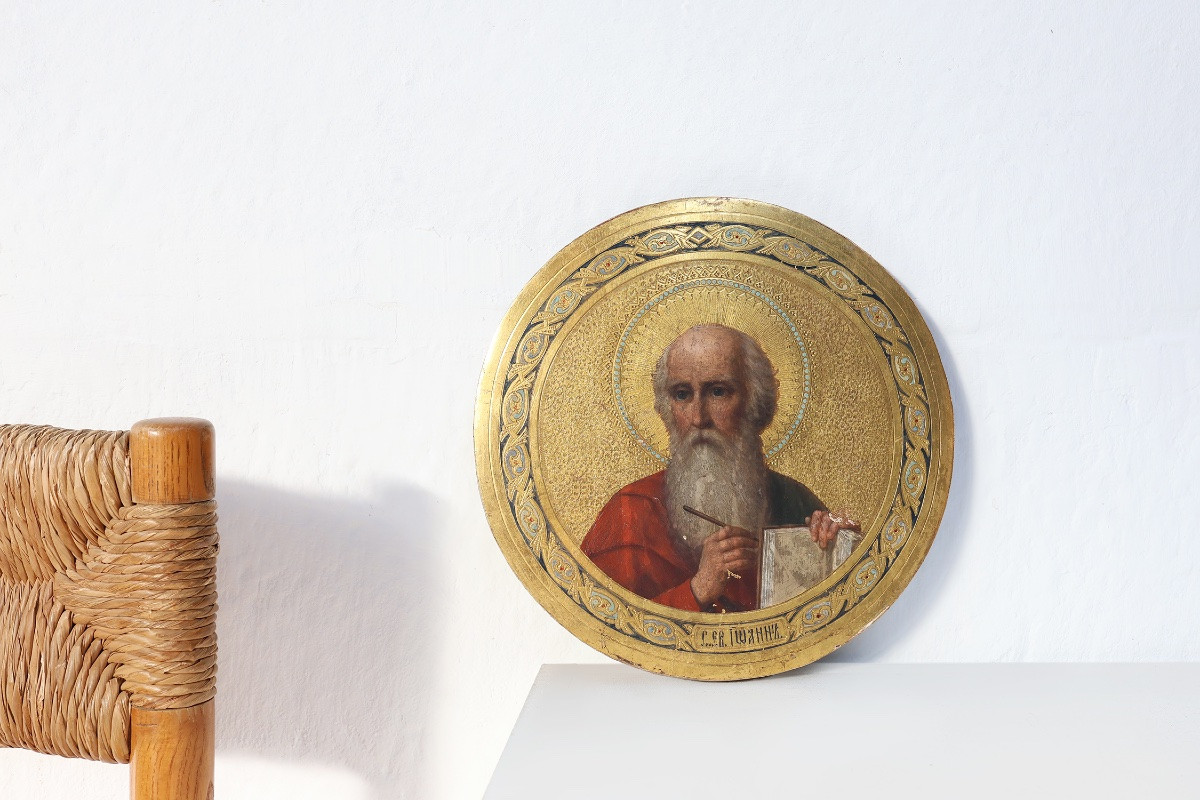 19th Century Round Icon Of The Holy Apostle John The Theologian In Oak And Gold Plating-photo-2