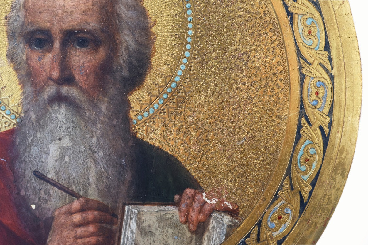 19th Century Round Icon Of The Holy Apostle John The Theologian In Oak And Gold Plating-photo-1