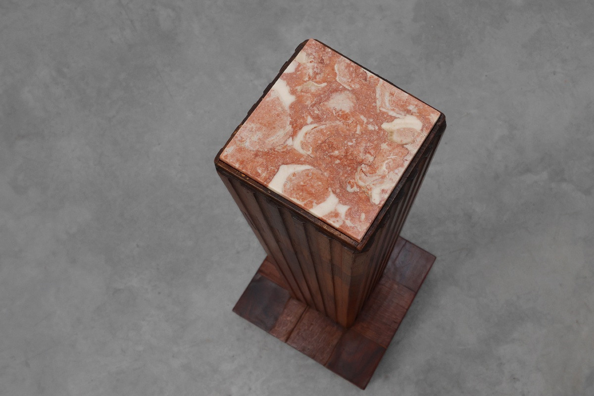 Art Deco Oak And Red Marble Side Table Or Pedestal Table, France, 1920s-photo-4