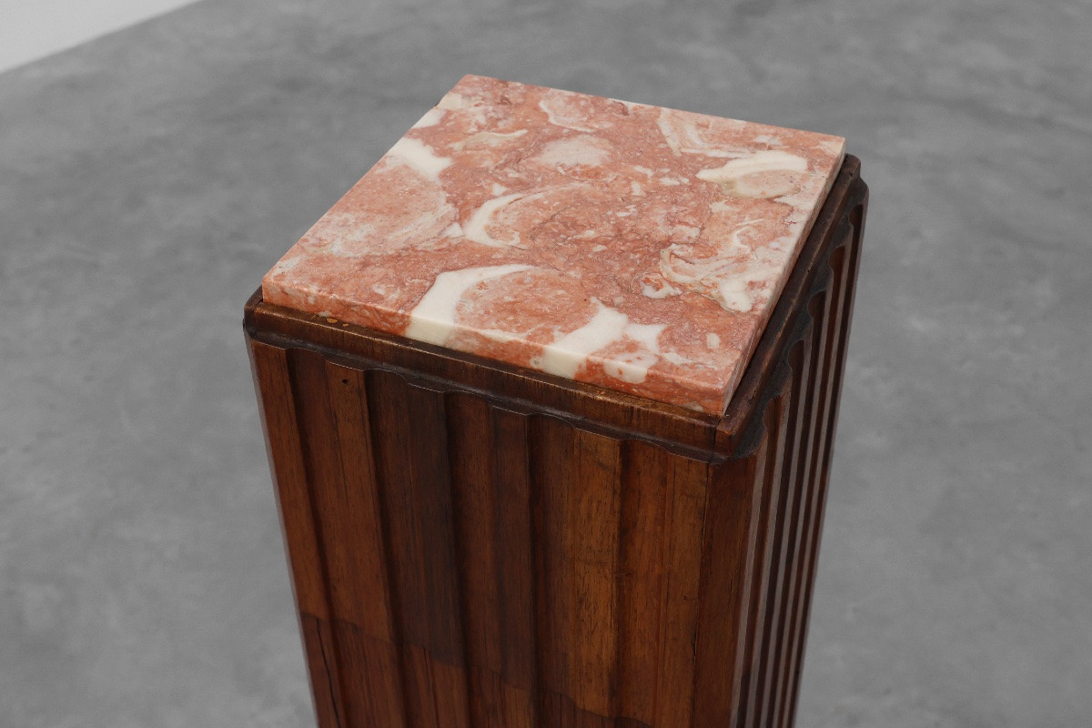 Art Deco Oak And Red Marble Side Table Or Pedestal Table, France, 1920s-photo-8