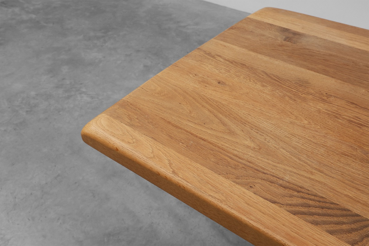 Table à tréteaux en chêne français du XXe siècle avec pieds festonnés et plateau en planches-photo-3