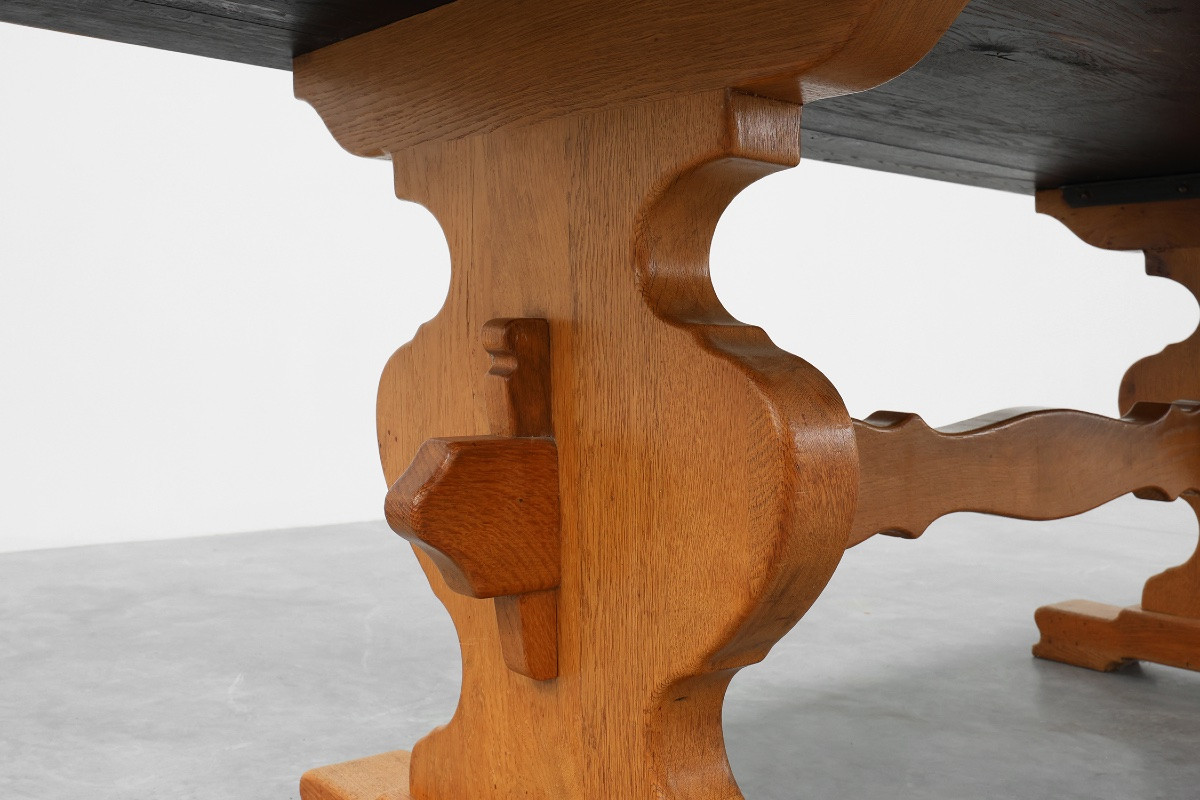 Table à tréteaux en chêne français du XXe siècle avec pieds festonnés et plateau en planches-photo-4