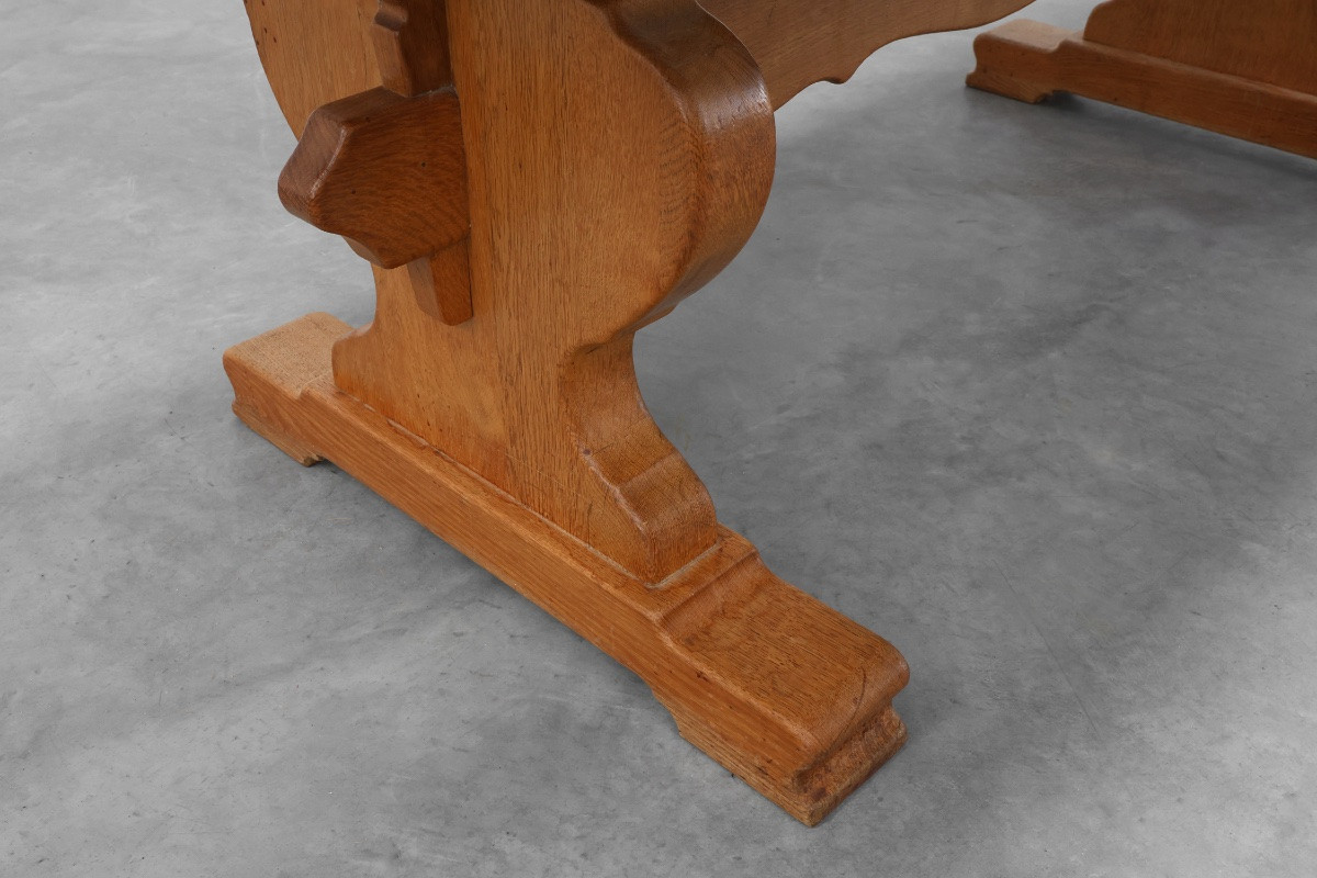 Table à tréteaux en chêne français du XXe siècle avec pieds festonnés et plateau en planches-photo-4