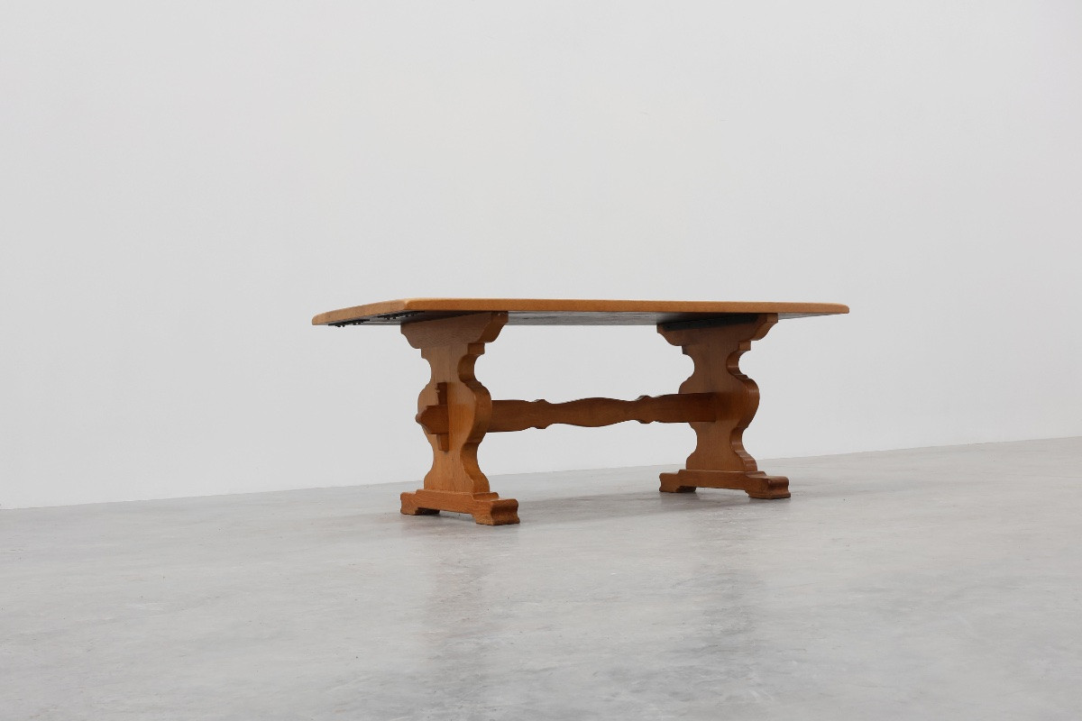 Table à tréteaux en chêne français du XXe siècle avec pieds festonnés et plateau en planches-photo-6