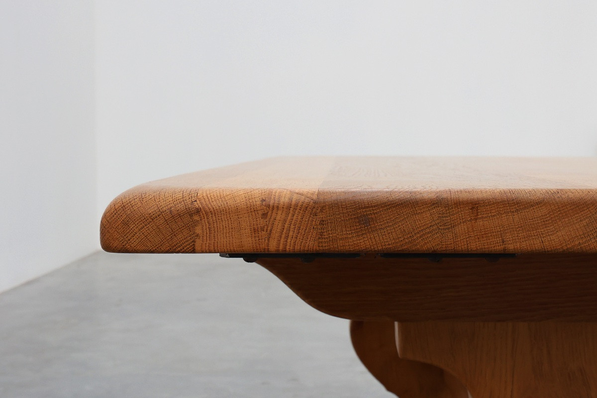 Table à tréteaux en chêne français du XXe siècle avec pieds festonnés et plateau en planches-photo-8