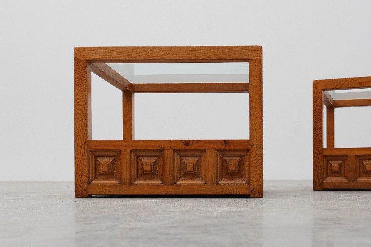 Pair Of Biosca Square Pine Coffee Tables, Spain, 1960s.-photo-3