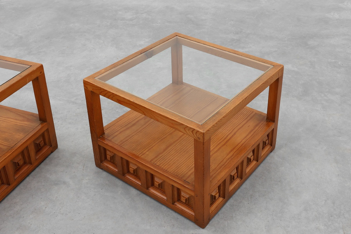 Pair Of Biosca Square Pine Coffee Tables, Spain, 1960s.-photo-4