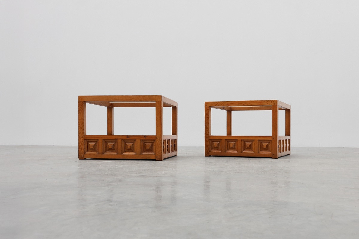 Pair Of Biosca Square Pine Coffee Tables, Spain, 1960s.-photo-2