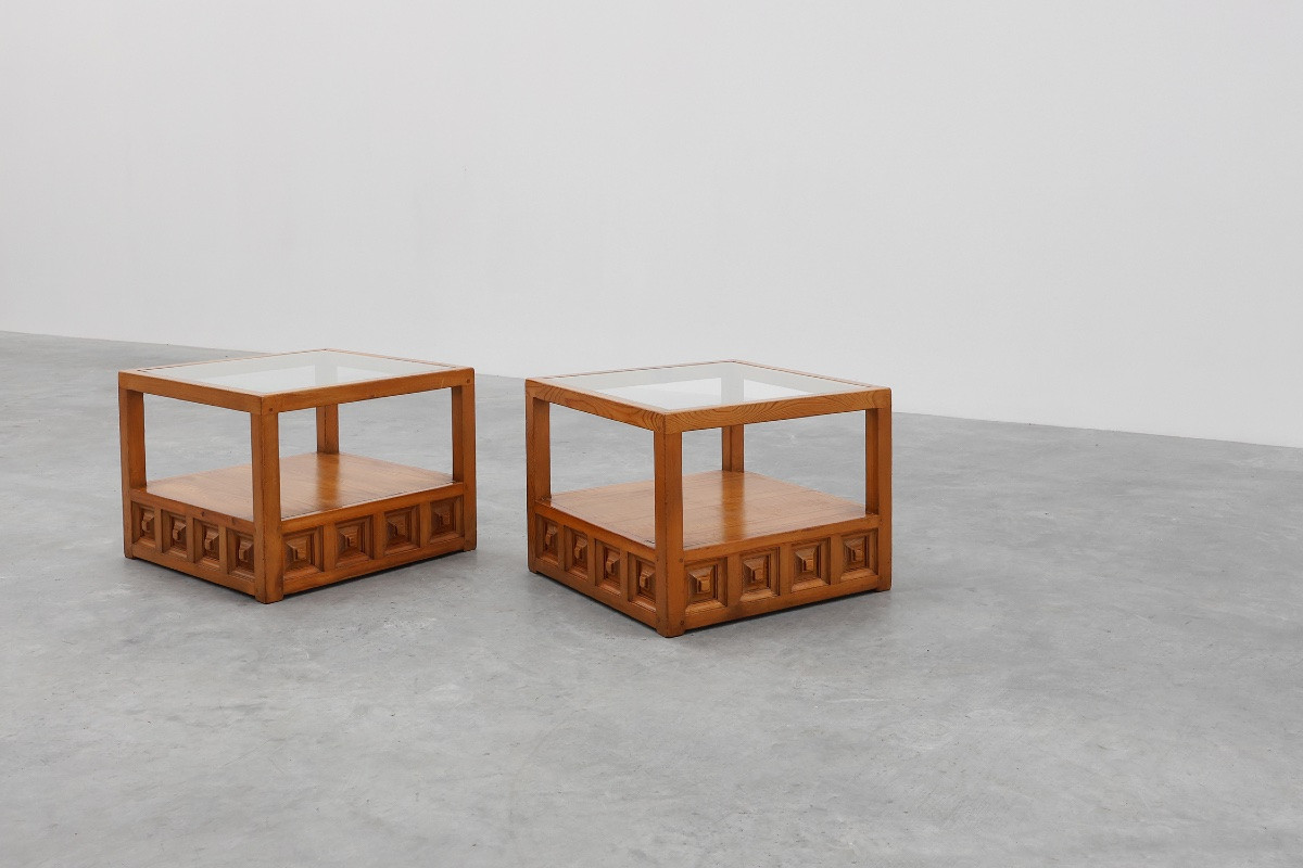 Pair Of Biosca Square Pine Coffee Tables, Spain, 1960s.-photo-8