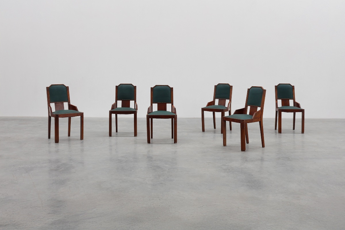 Ensemble de 6 chaises de salle à manger Art Déco en bois avec revêtement d'origine, 1930-photo-4