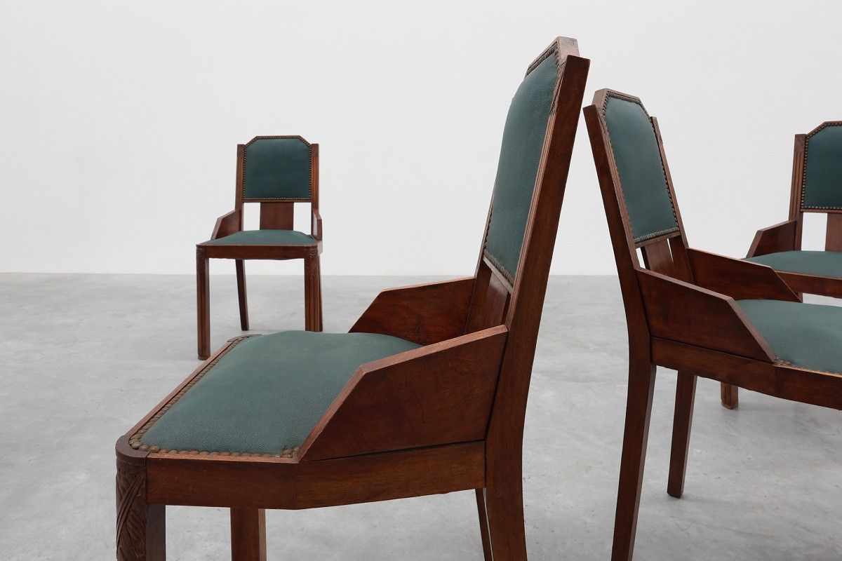 Ensemble de 6 chaises de salle à manger Art Déco en bois avec revêtement d'origine, 1930-photo-1