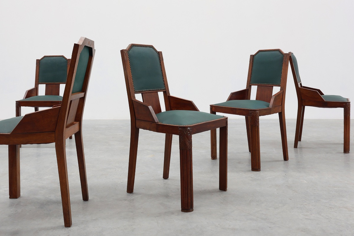 Ensemble de 6 chaises de salle à manger Art Déco en bois avec revêtement d'origine, 1930-photo-2