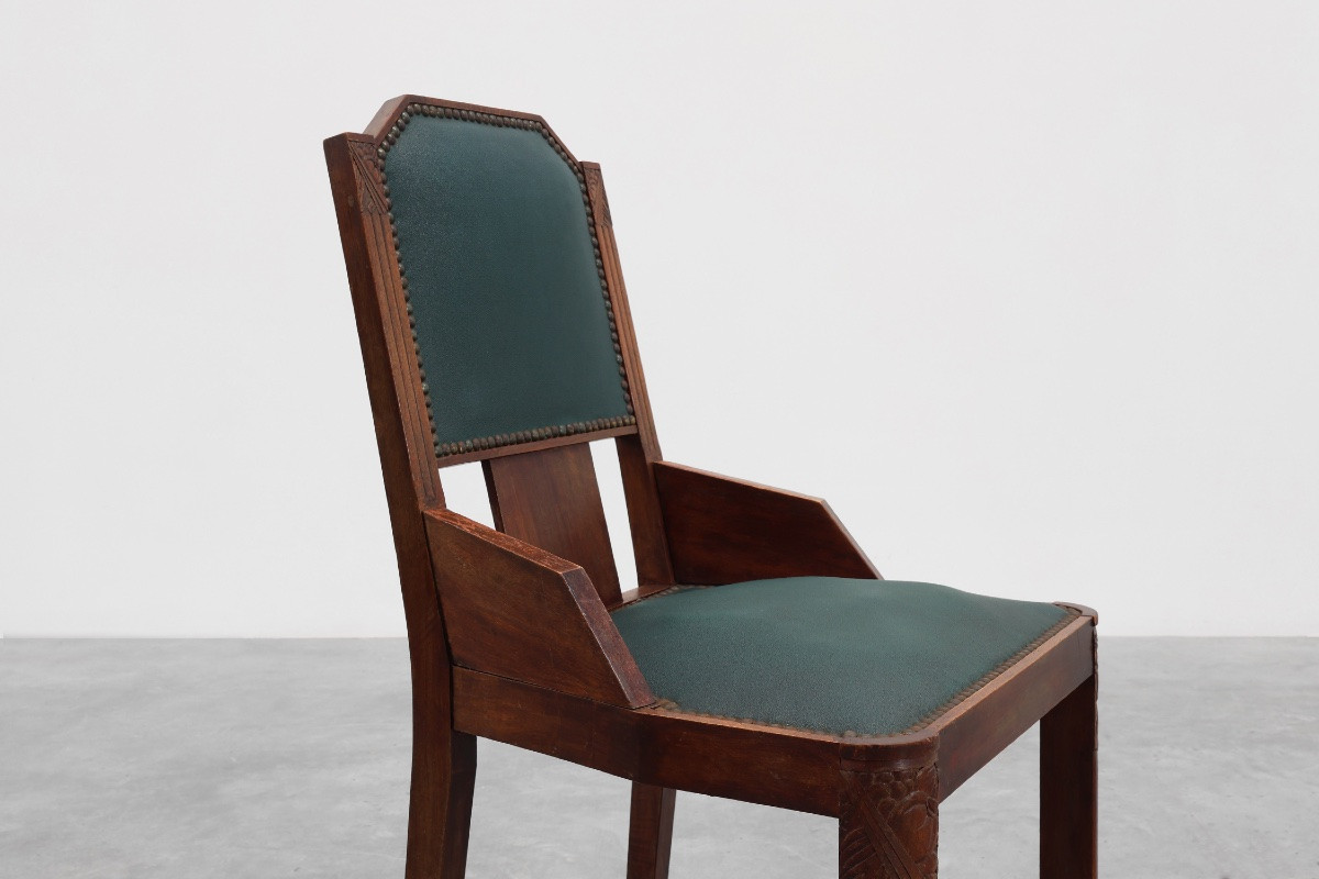 Ensemble de 6 chaises de salle à manger Art Déco en bois avec revêtement d'origine, 1930-photo-3